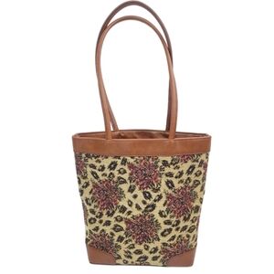Vintage Floral Tapestry Brown Cream Red Tote Bag Purse Animal Print Rose Leopard